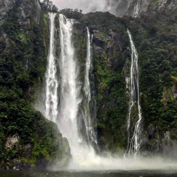Waterfalls. Milford Sound Waterfall, Stray Tour, New Zealand. Credit Marjolein Uitbeijerse