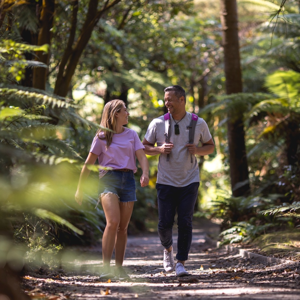 Couple walking in the forest. Rotorua, Bay of Plenty, New Zealand