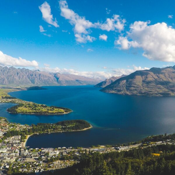 View of Queenstown from the air. Tours from Queenstown